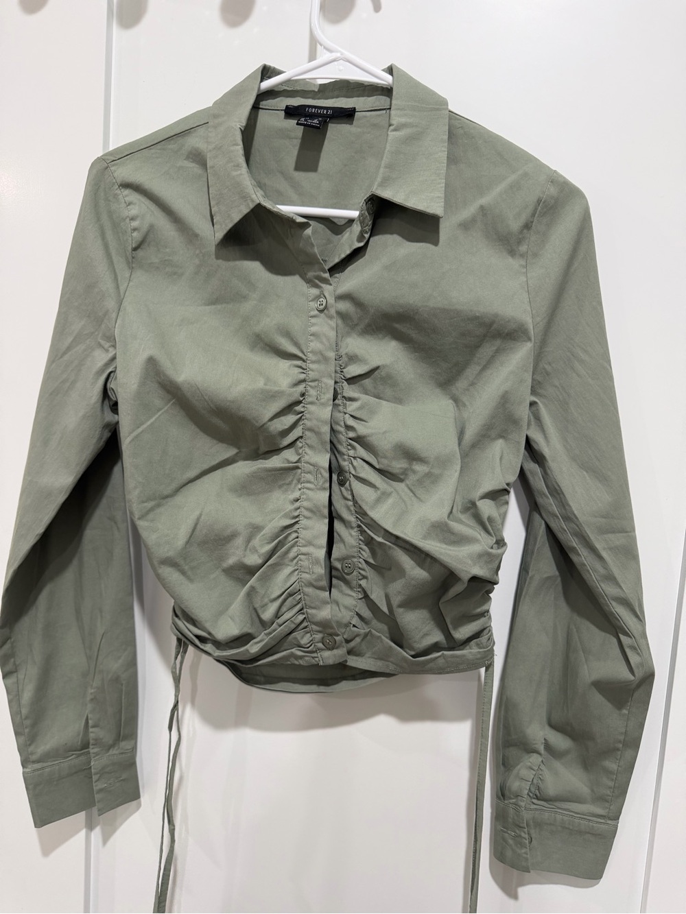 Forever 21 Olive Green Ruched Drawstring Button-Up Shirt